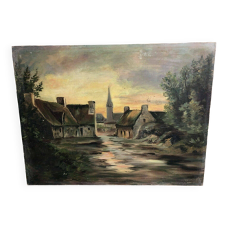 Landscape painting of a village by Luigi Lombardi (1853-1940)