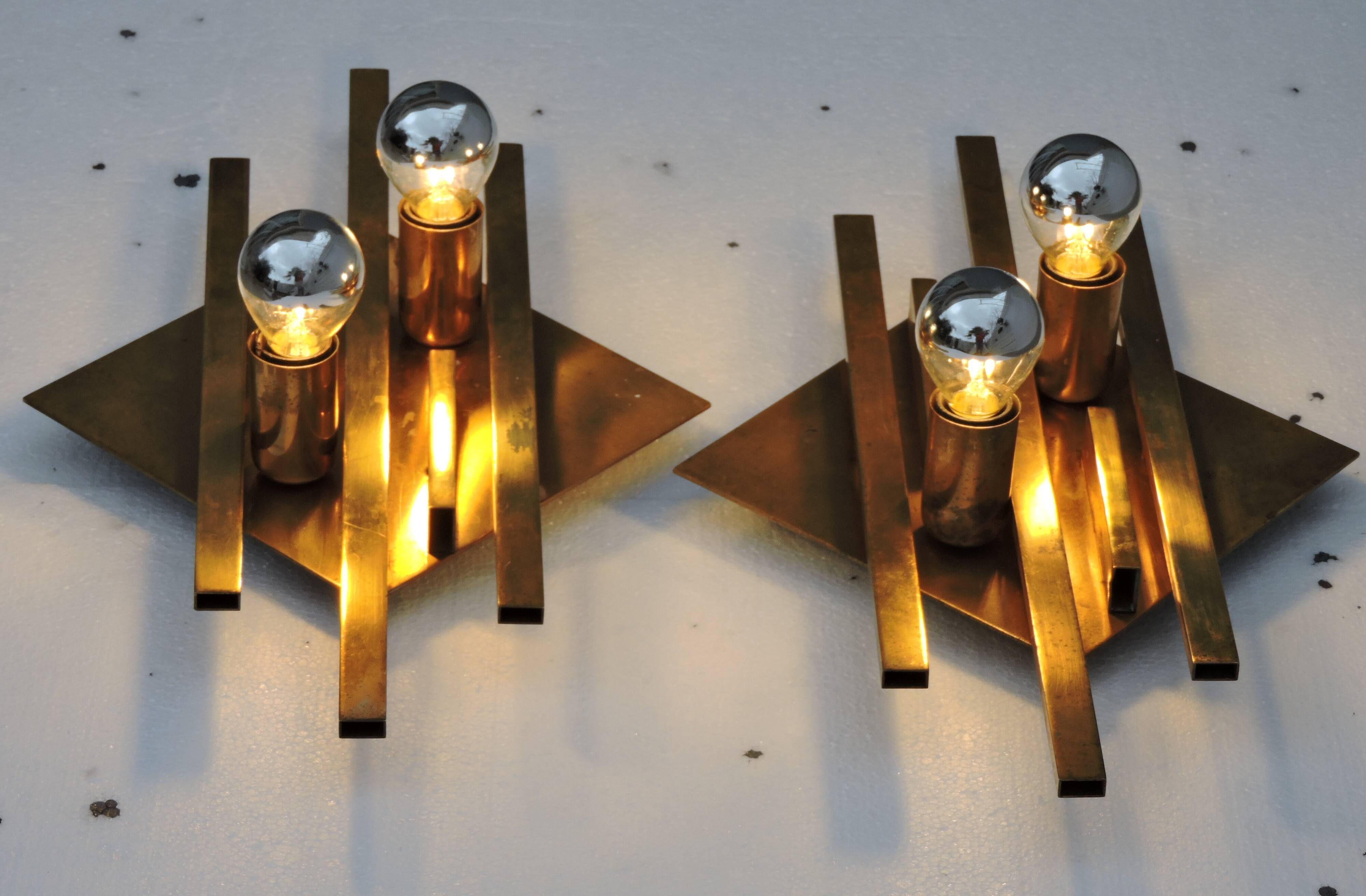 Pair of vintage geometric brass wall lamps