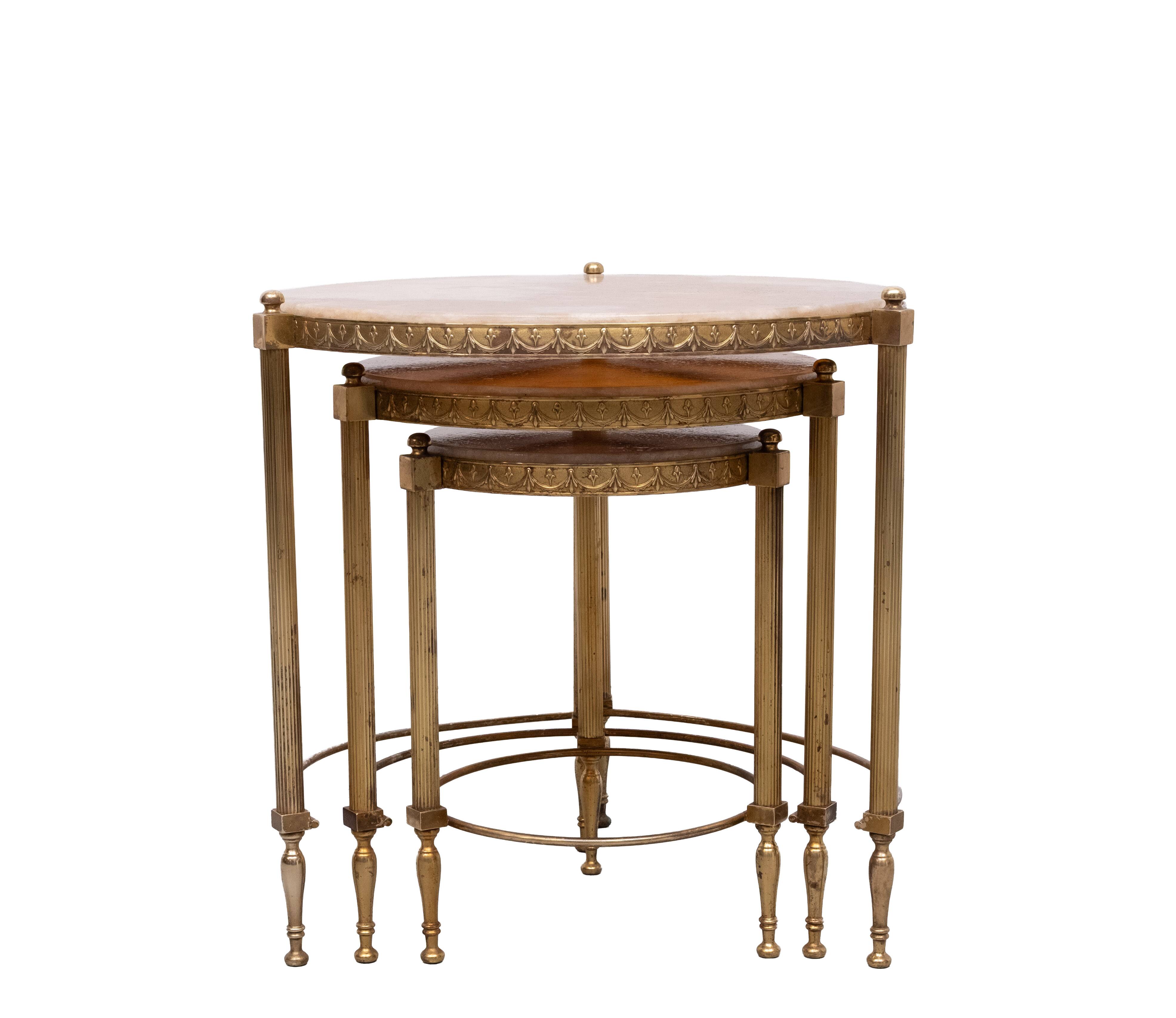 Hollywood Recency Nesting Tables Brass Onyx Marble France