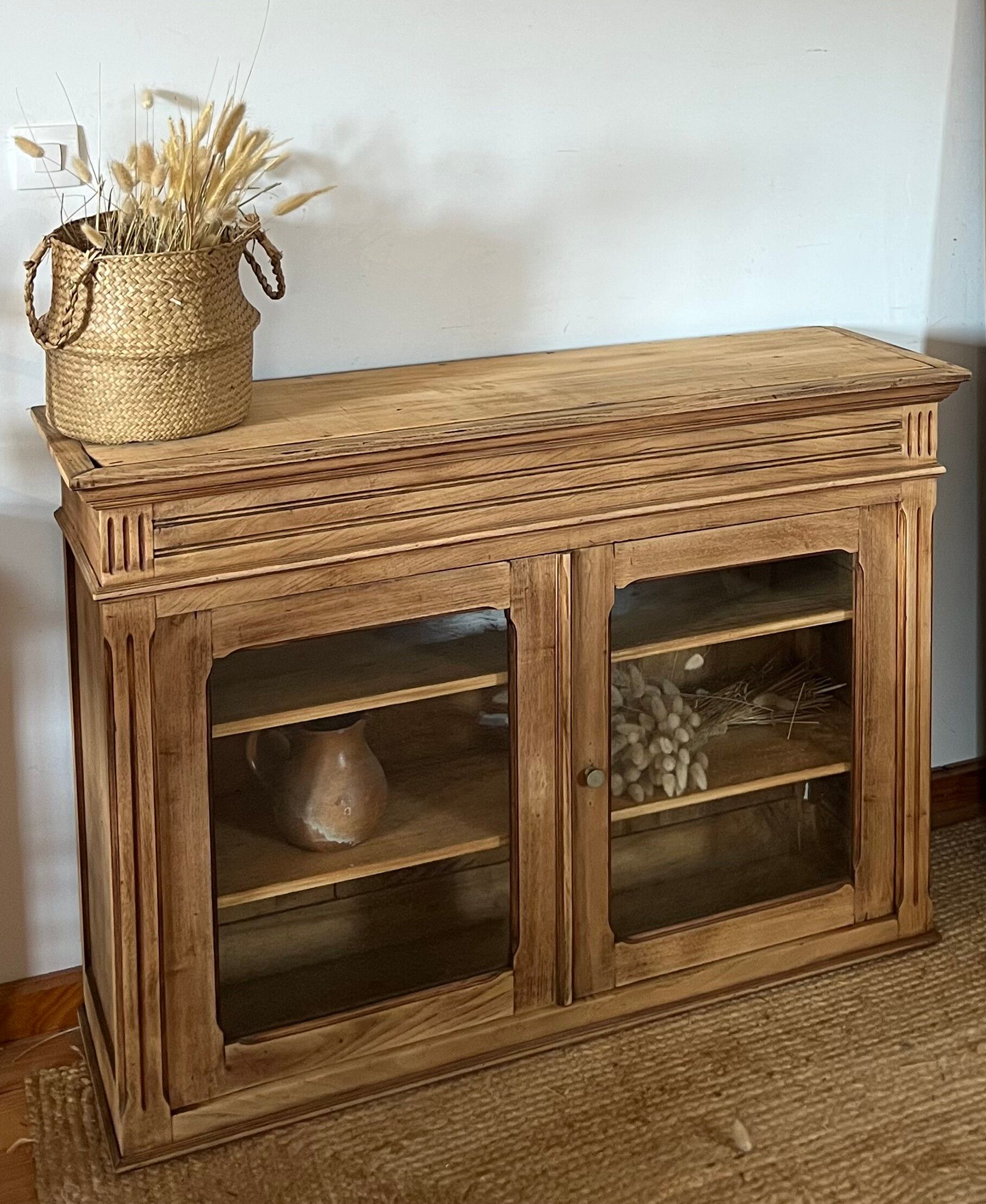 Old glass-fronted Parisian buffet in raw solid wood