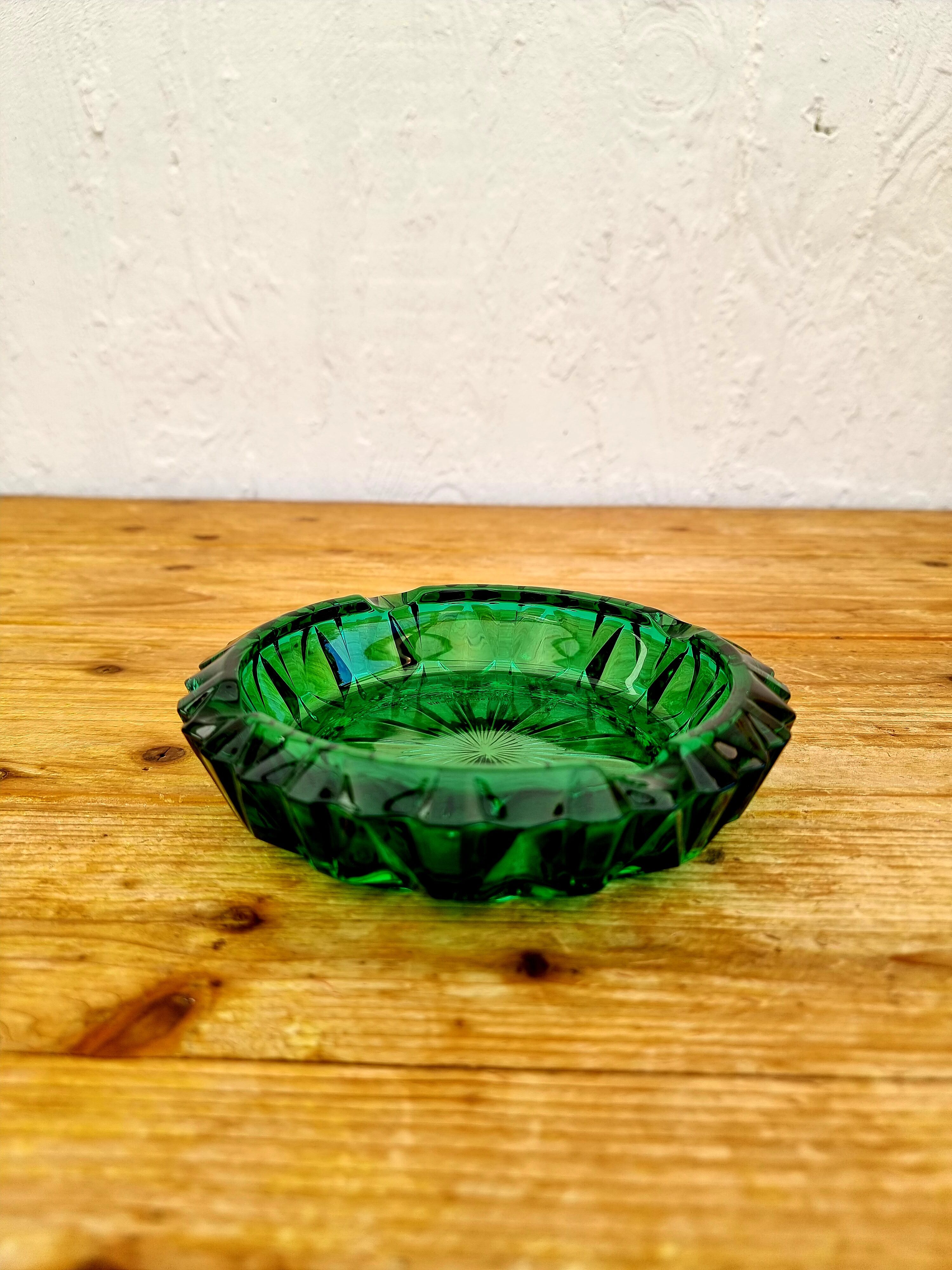 Emerald green glass ashtray