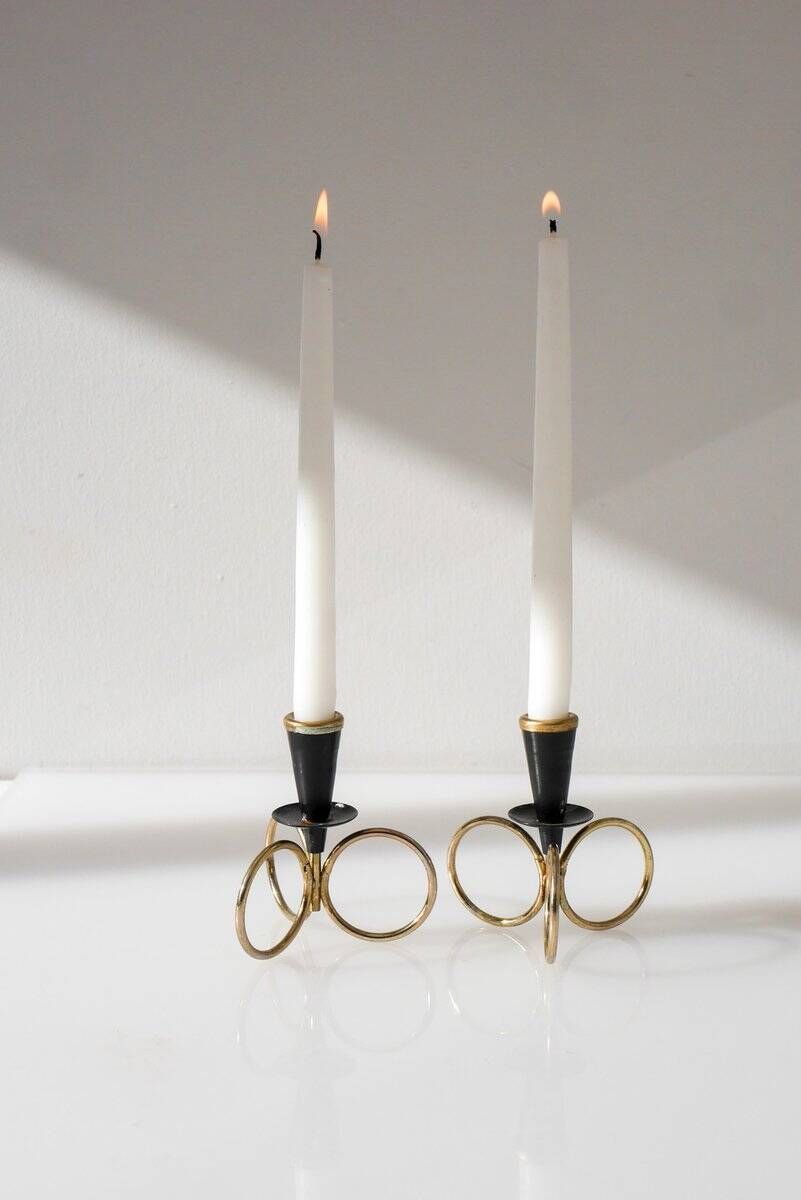 Mid-century modern metal candlestick holders by Gunnar Ander for Ystad Metal, Sweden, set of 2