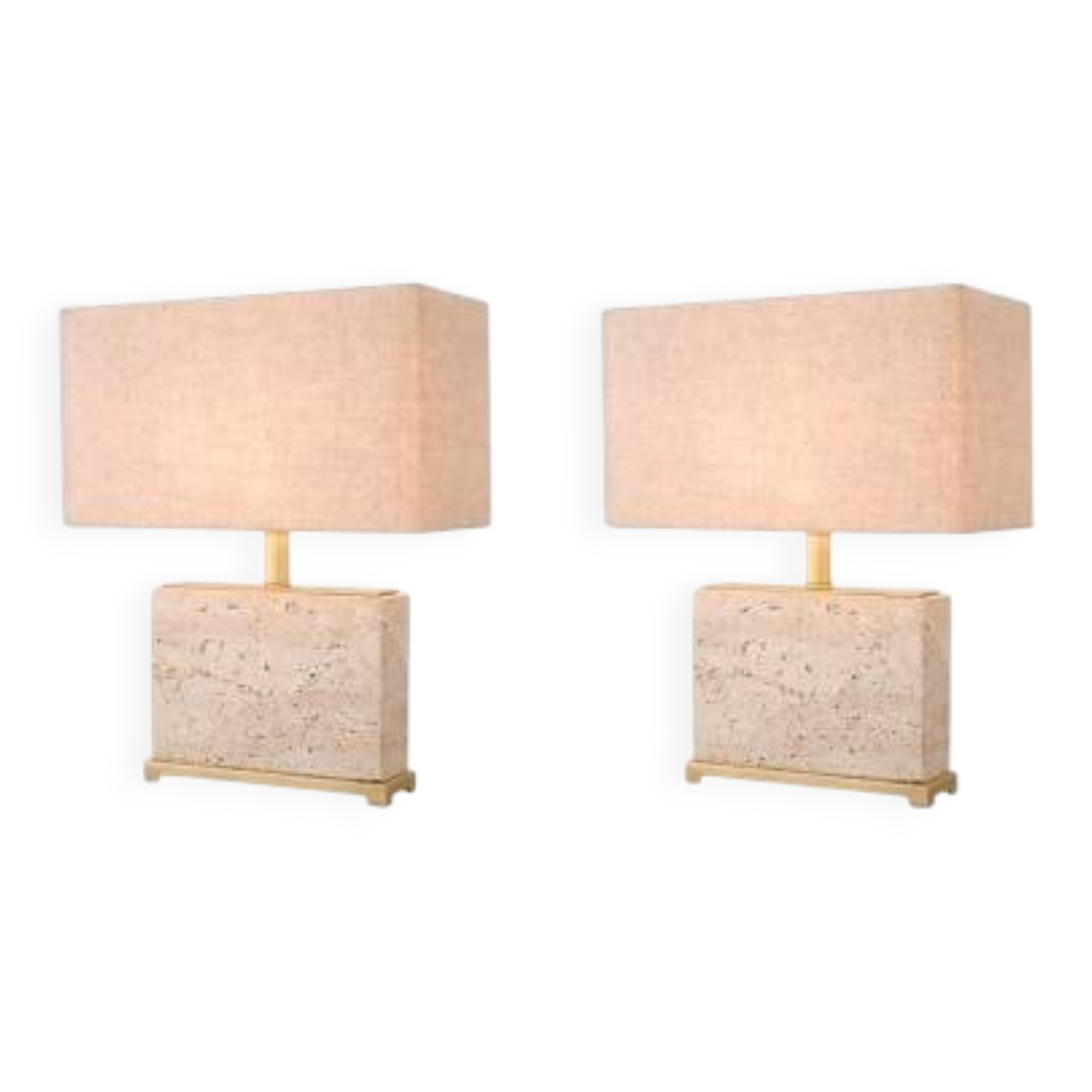 Pair of travertine and patinated brass table lamps, perfect for contemporary interiors.