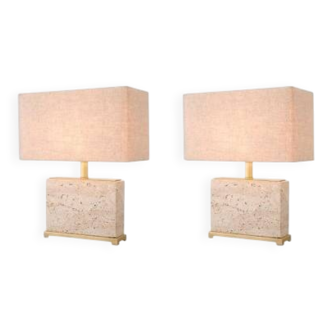Pair of travertine and patinated brass table lamps, perfect for contemporary interiors.