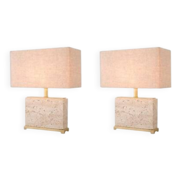 Pair of travertine and patinated brass table lamps, perfect for contemporary interiors.