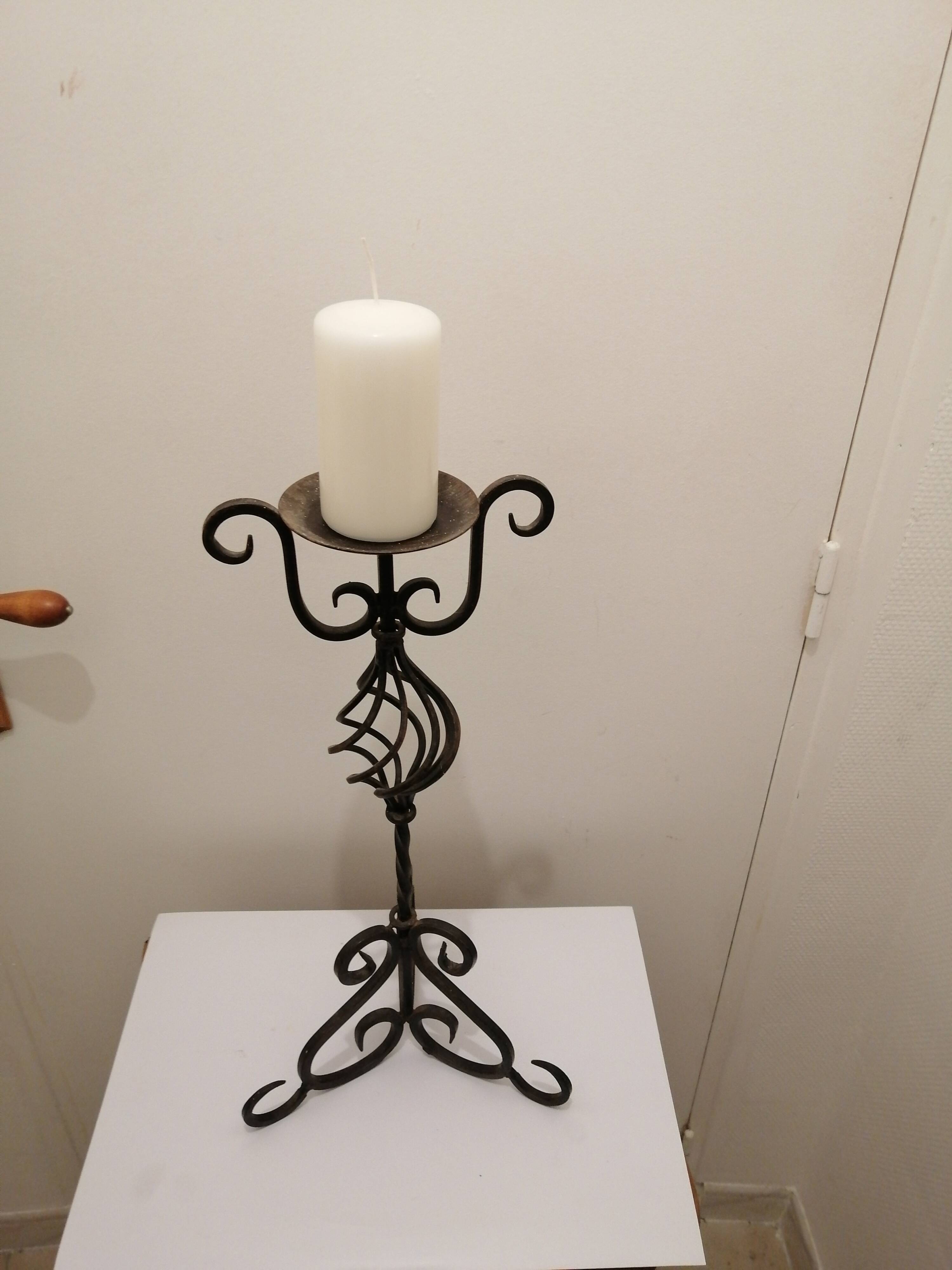 Wrought iron candlestick + candle