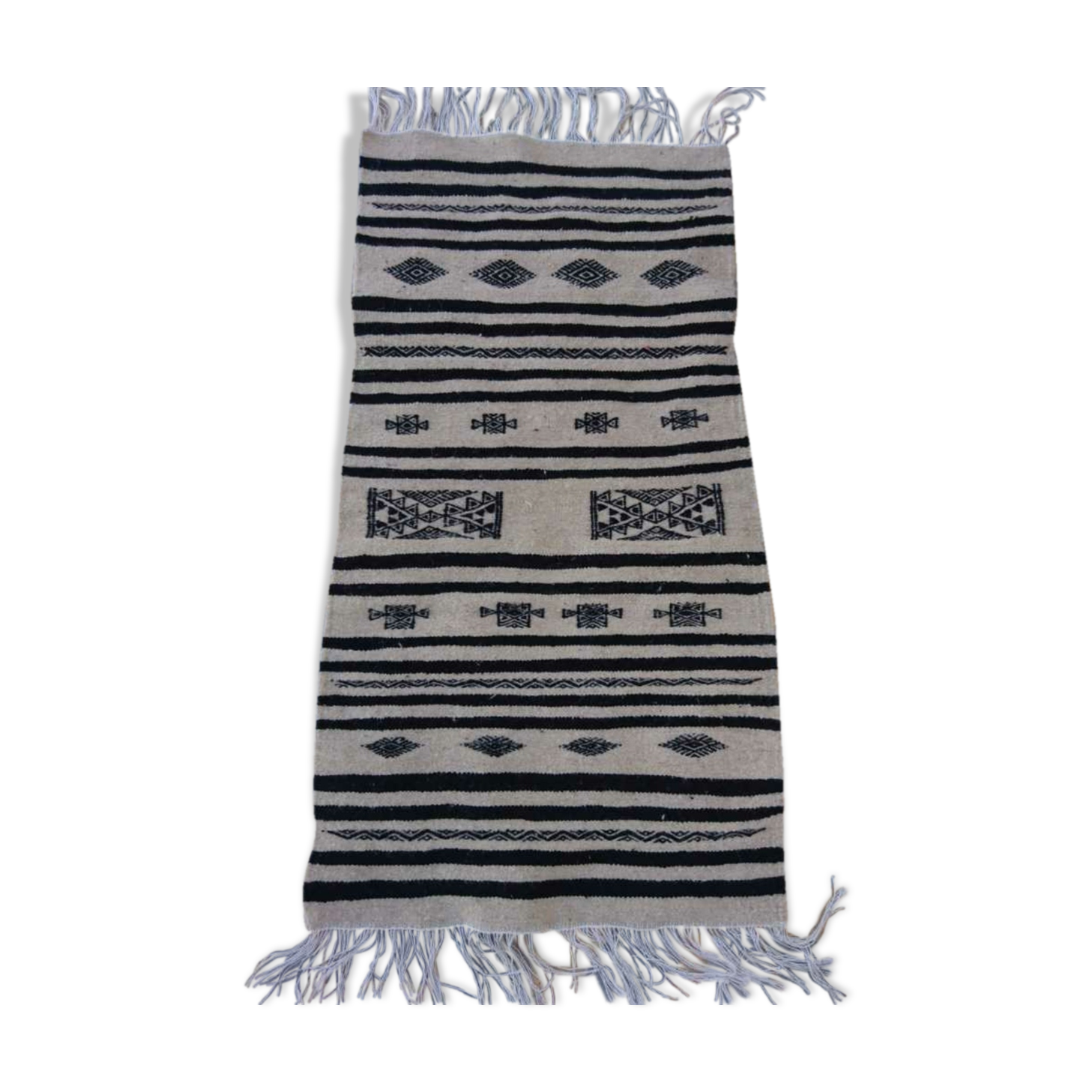 Beige and black handmade carpet, 110x55cm