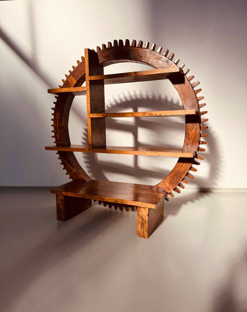 Vintage Brazilian folk art handmade round wall cabinet in Cumaru wood, 1960s