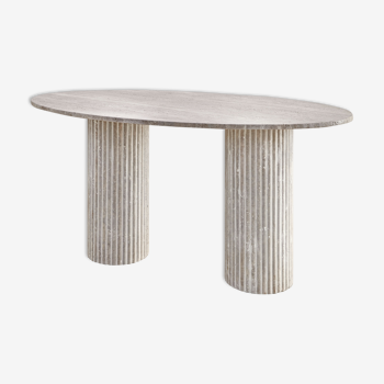 Calypso oval natural travertine dining table, ribbed leg 200x100