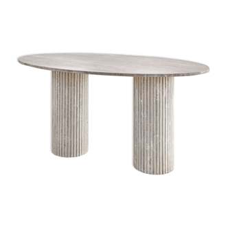 Calypso oval natural travertine dining table, ribbed leg 200x100