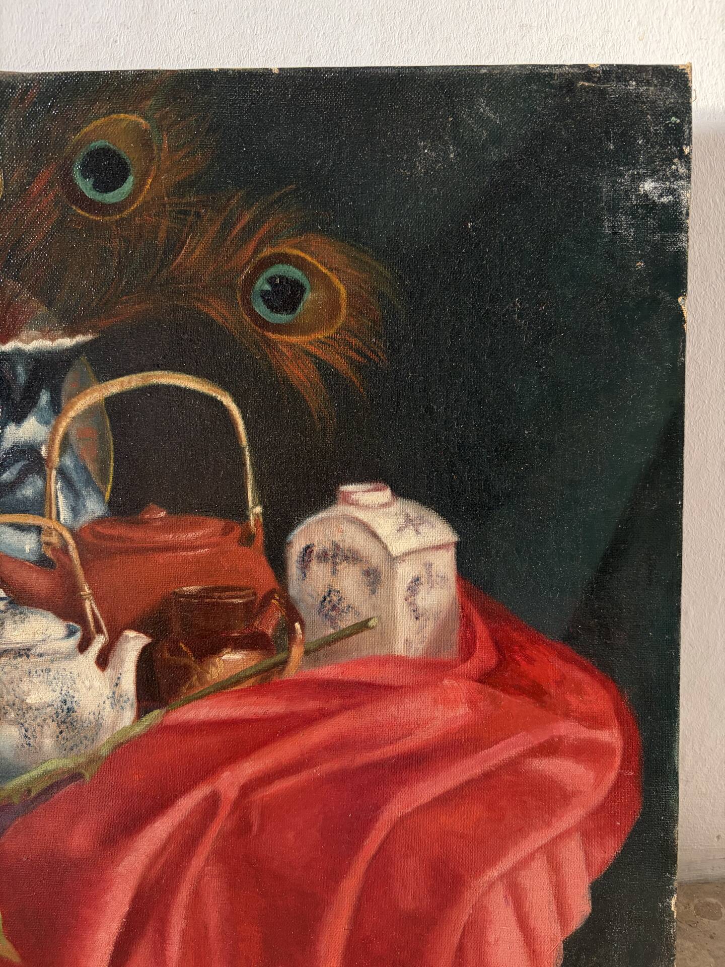 Still life with teapot and peacock feathers, oil on canvas signed