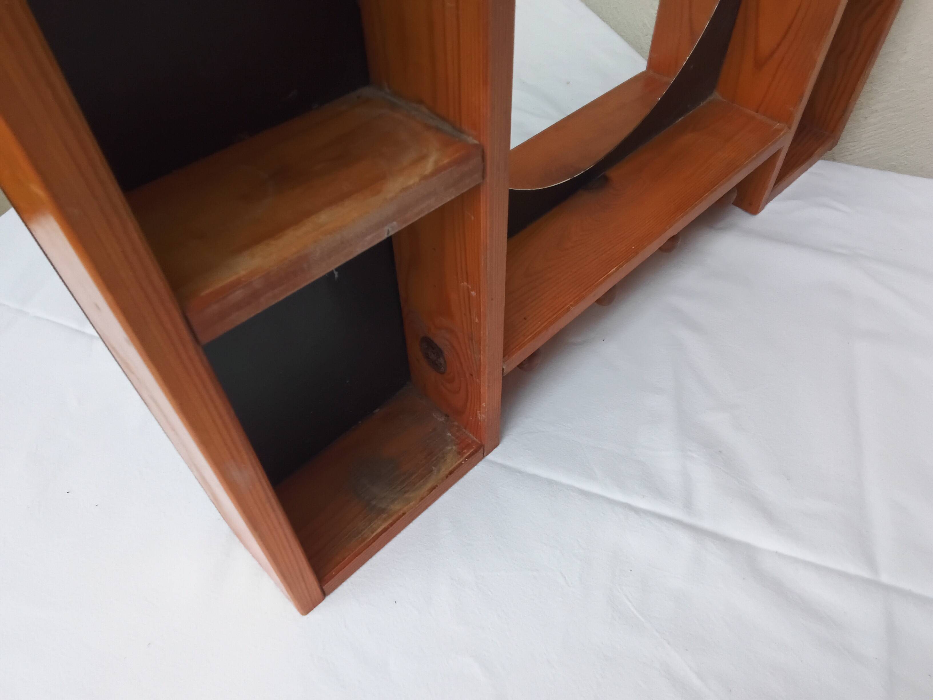 Étagère bois miroir rond année 80