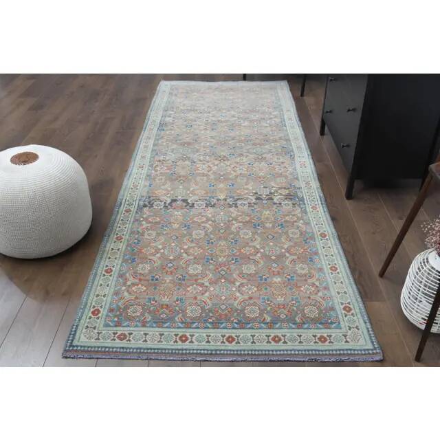 Vintage Turkish Oushak Handmade Wool Cotton Brown Runner Rug 118x309