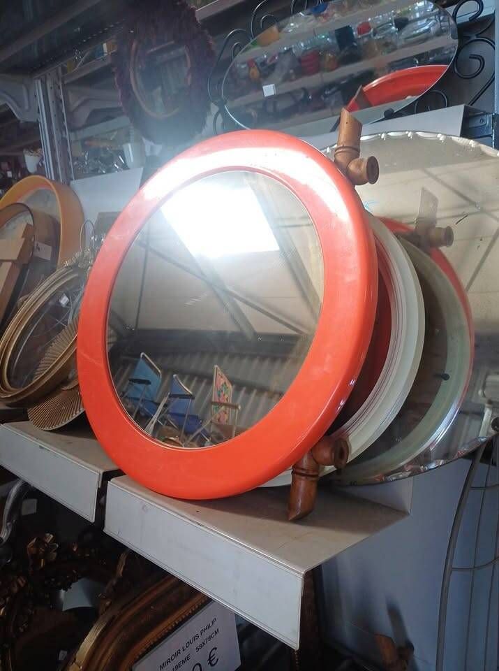 Vintage orange round mirror SYLA – Pop Art / Space Age 70s – Ø 46 cm