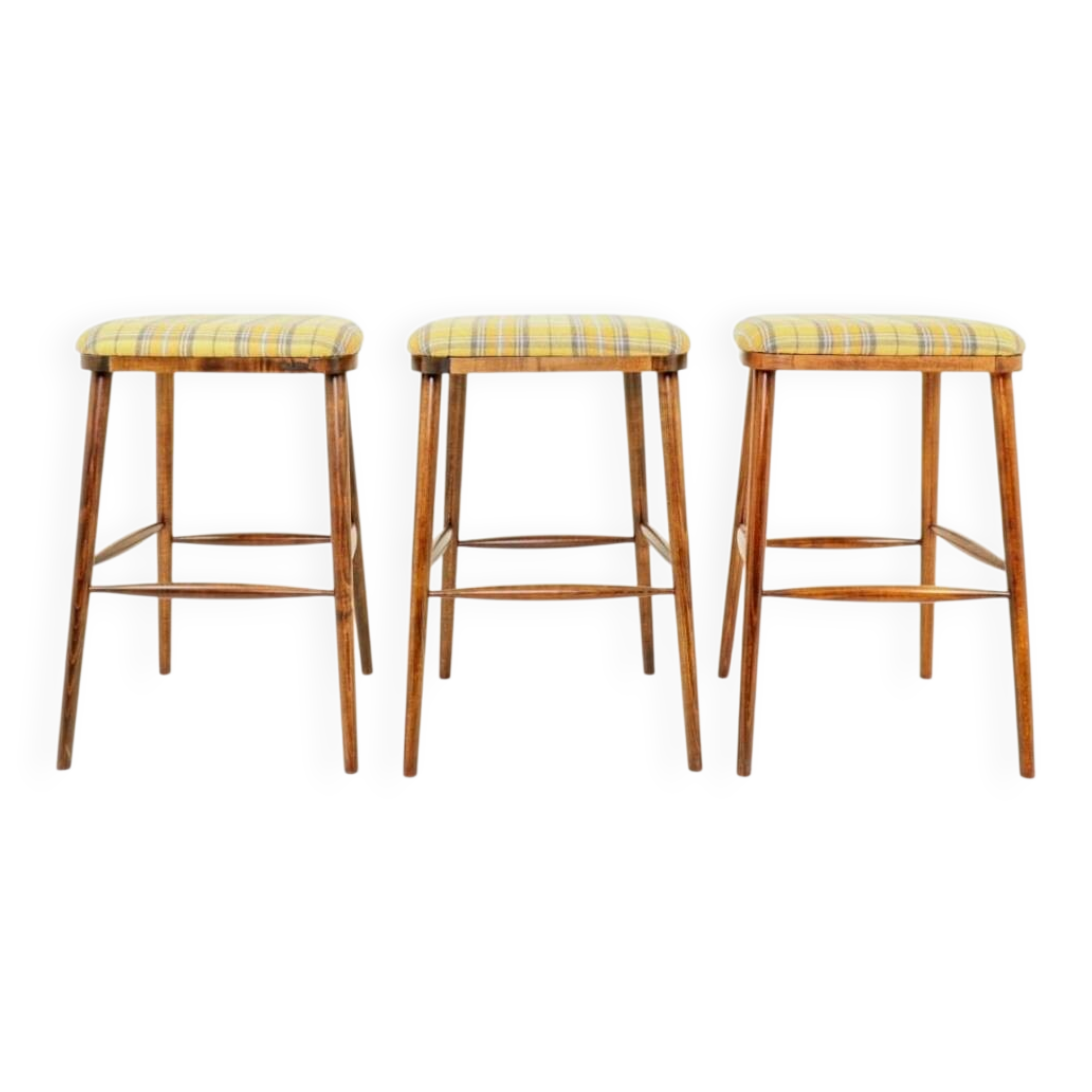 Set of three bar stools in vintage style rustic wood wool upholstery