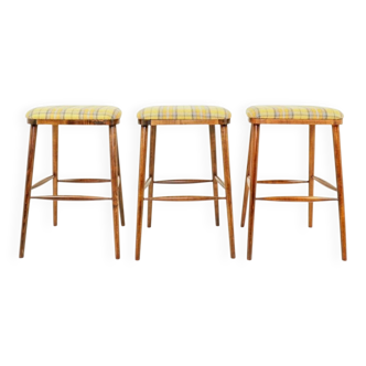 Set of three bar stools in vintage style rustic wood wool upholstery