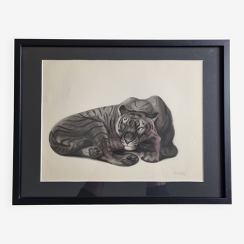 Print after Georges Guyot, "Reclining Tiger", 1937, framed, 41 x 32 cm