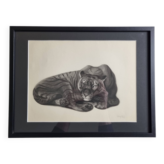 Print after Georges Guyot, "Reclining Tiger", 1937, framed, 41 x 32 cm