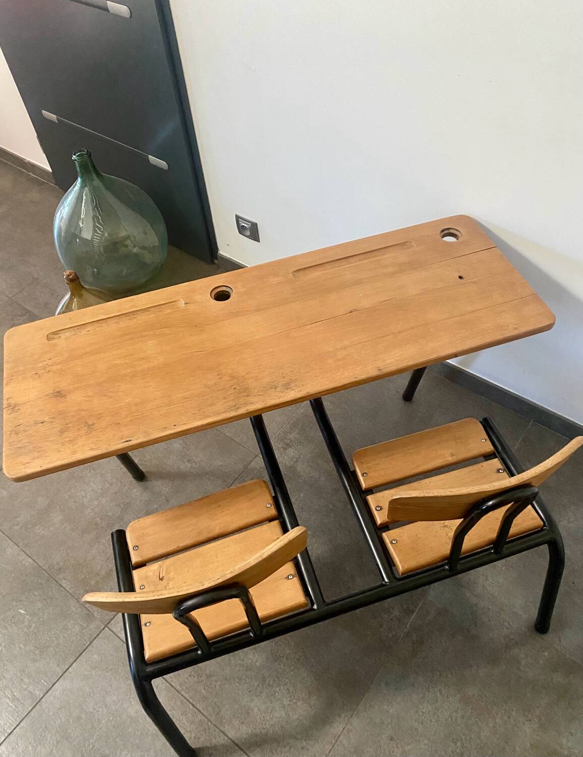 Vintage double school desk, refurbished in black and wood