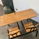 Vintage double school desk, refurbished in black and wood