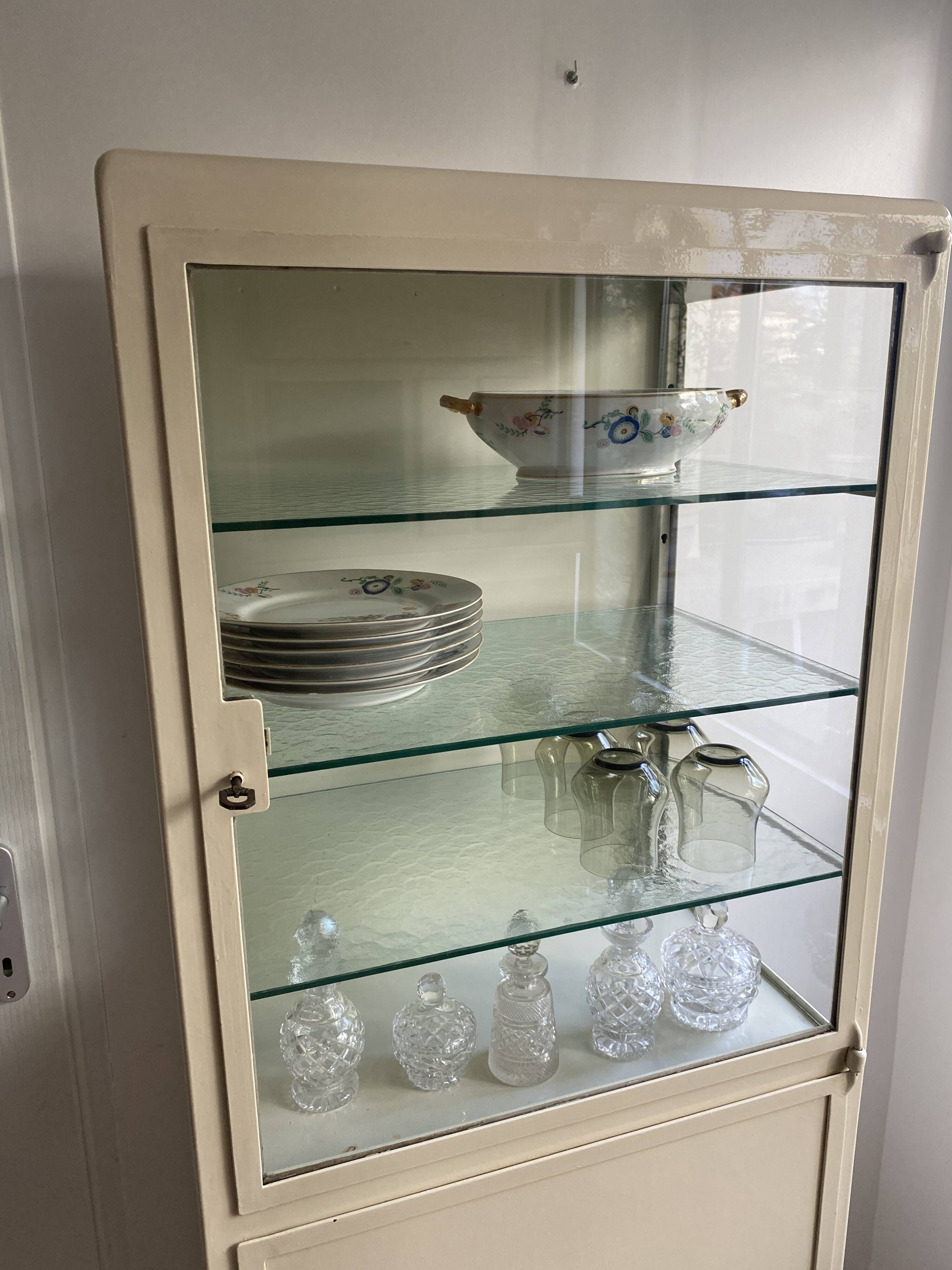 Vintage Parisian cabinet, metal display cabinet, small painted display cabinet