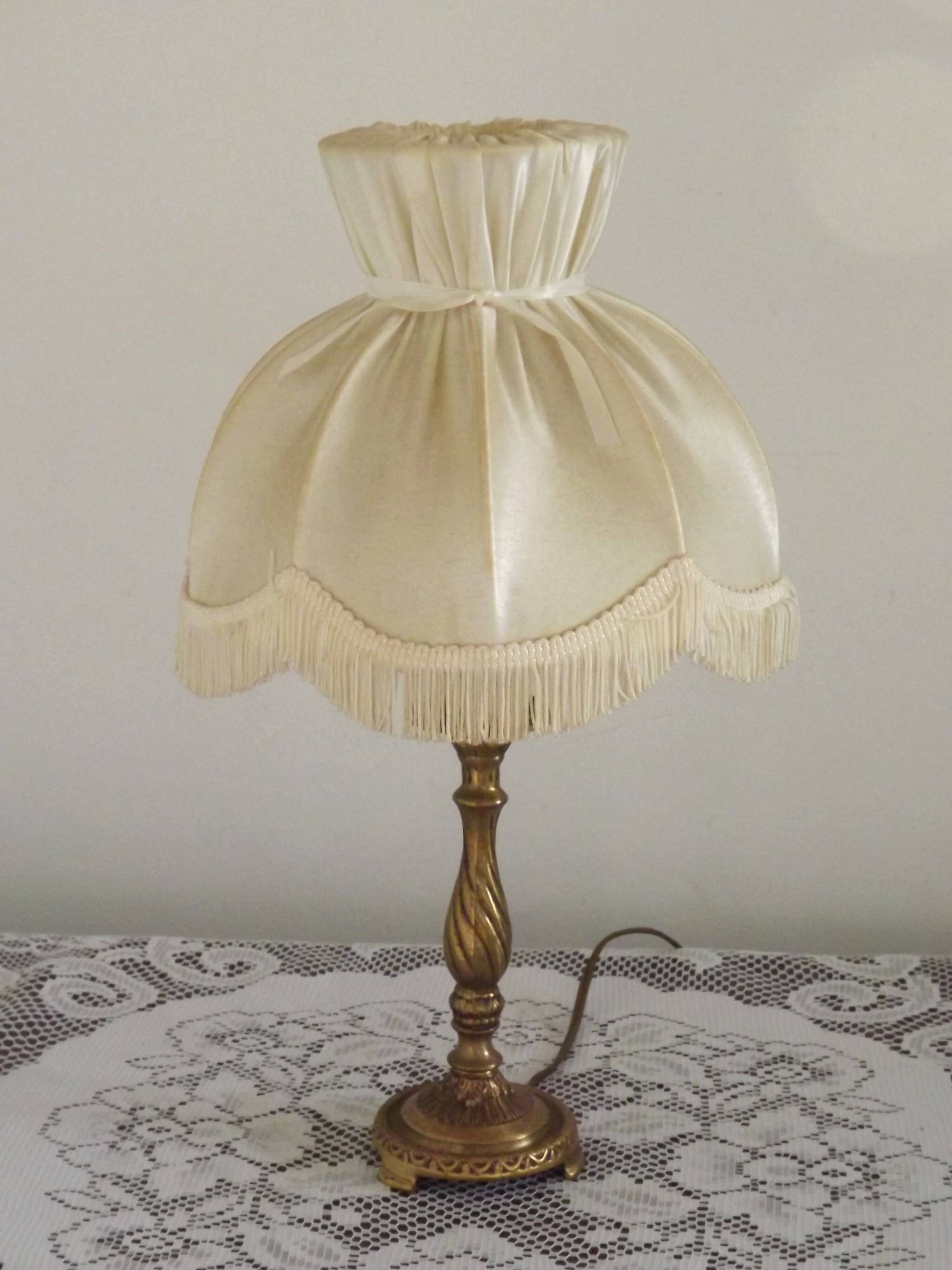 French Vintage Brass Table Lamp With Cream Fringed Shade 5567