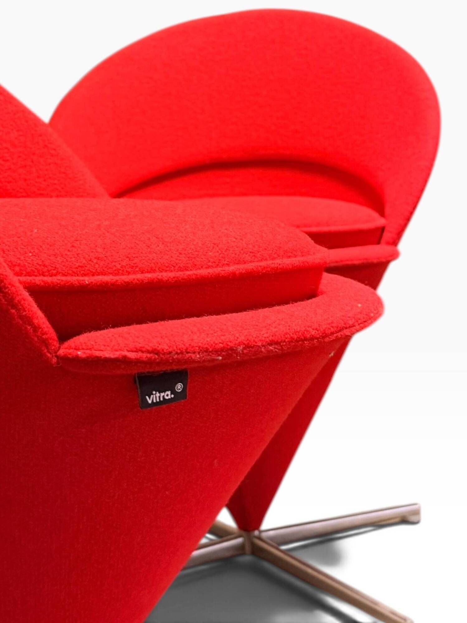 Pair of Cone Chair armchairs by Verner Panton for Vitra, red wool fabric.