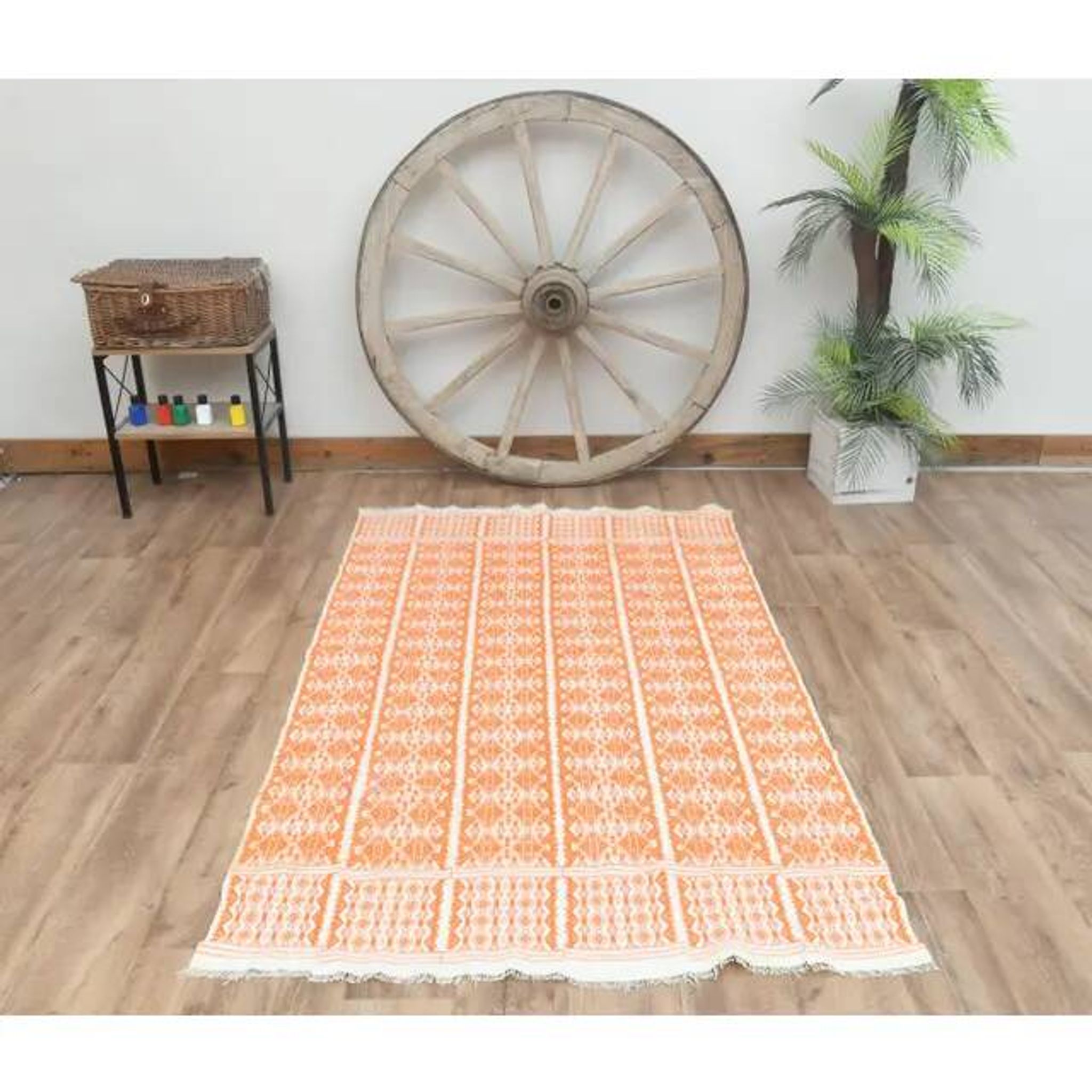1970s Vintage Turkish Handmade Wool Cotton Orange Kilim Rug 112x180