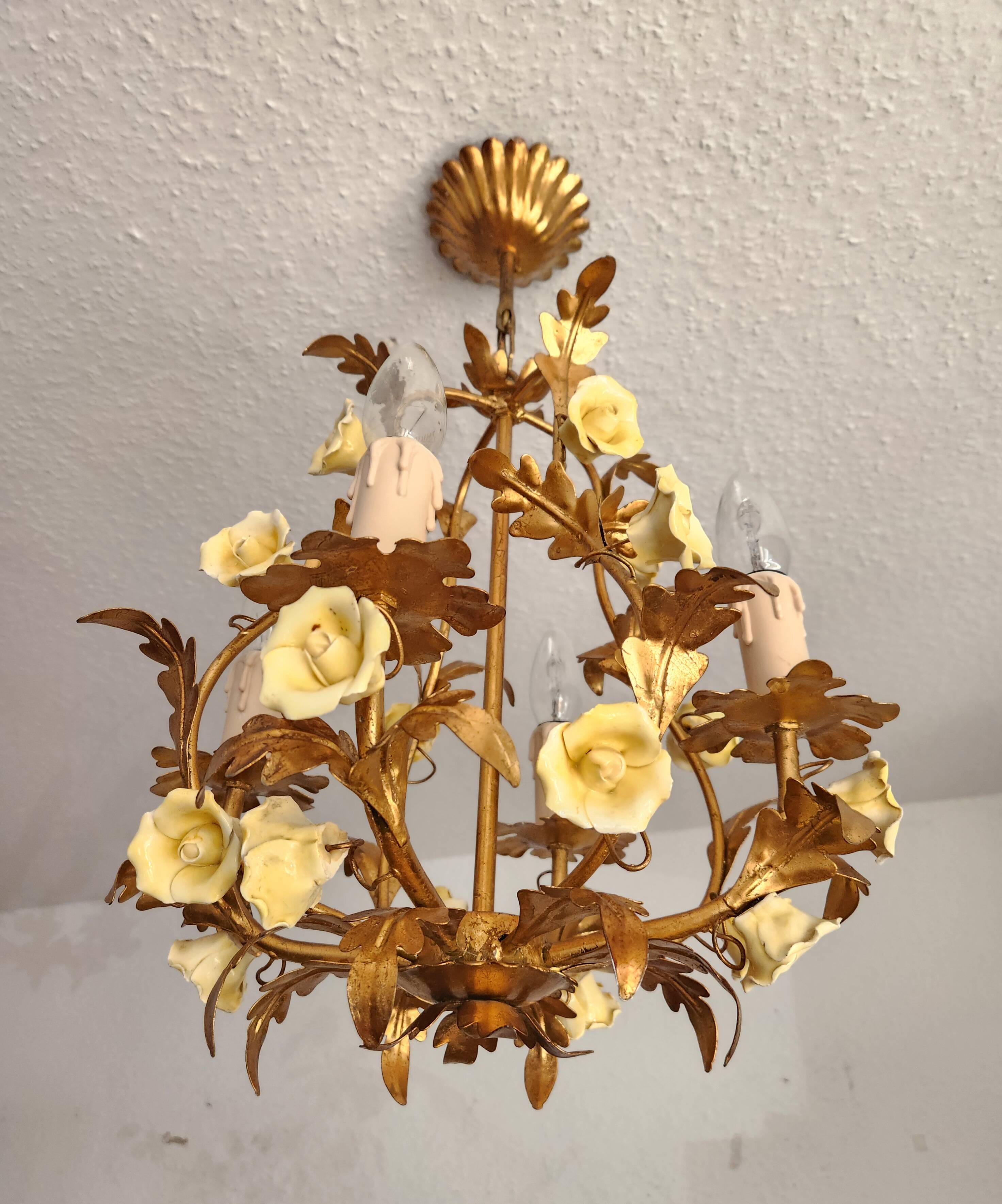Vintage gilded hand-forged Florentine ceiling light with porcelain roses.