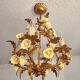 Vintage gilded hand-forged Florentine ceiling light with porcelain roses.