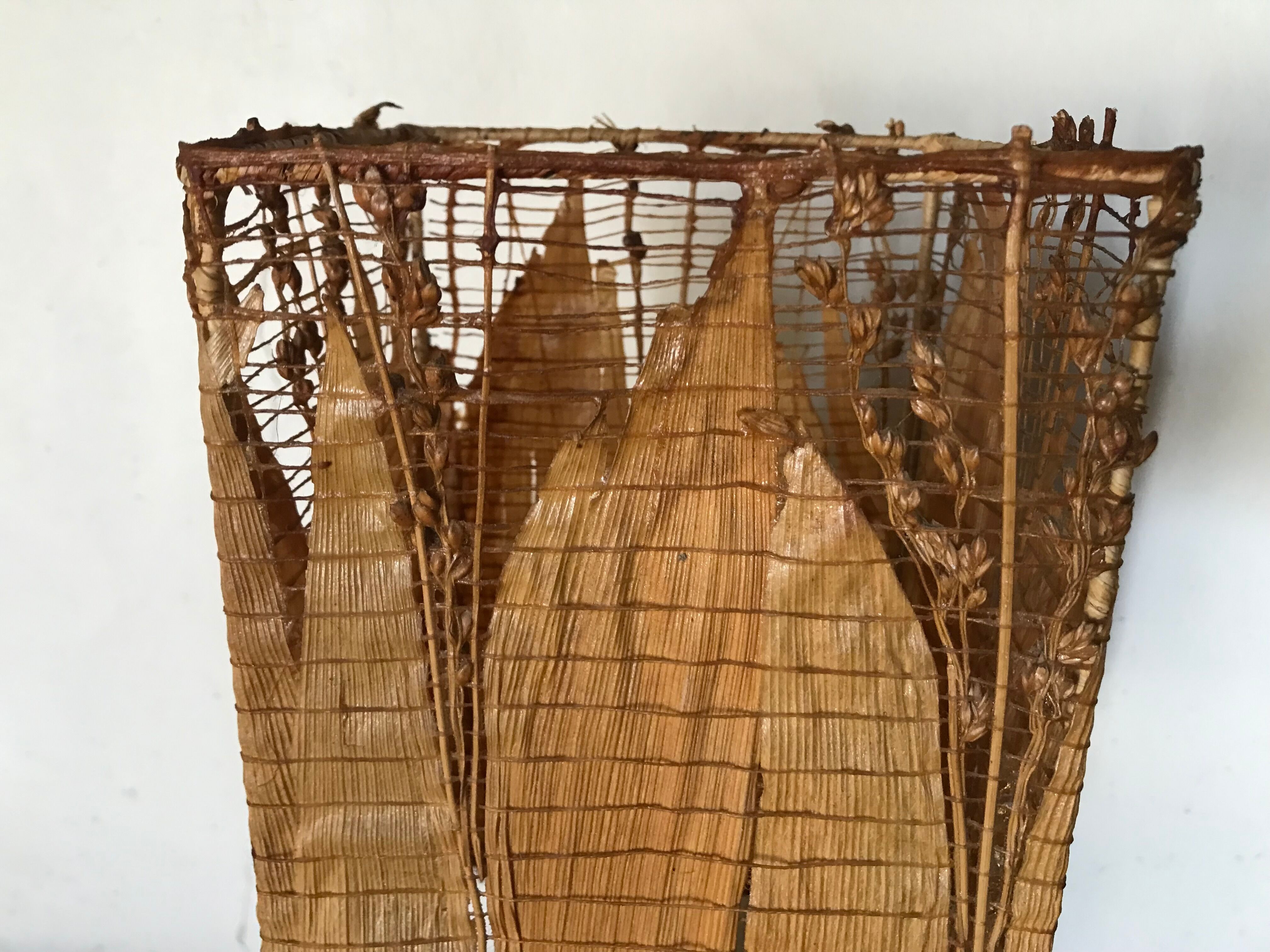 Teak lamp and corn leaf lampshade, circa 1980