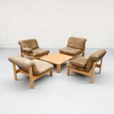 Canapé modulaire en bois et cuir du milieu du siècle