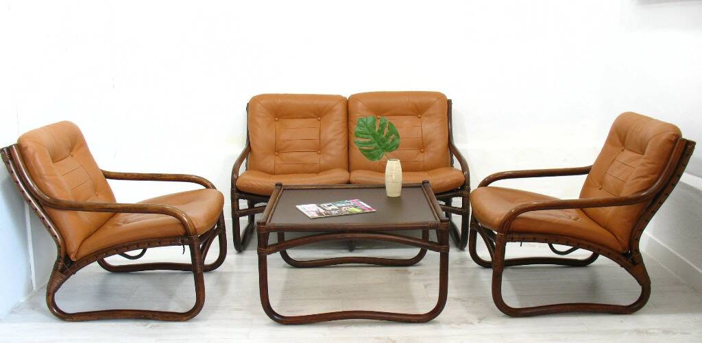 Italian Bamboo, Rattan, and Leather Living Room Set, 1970s