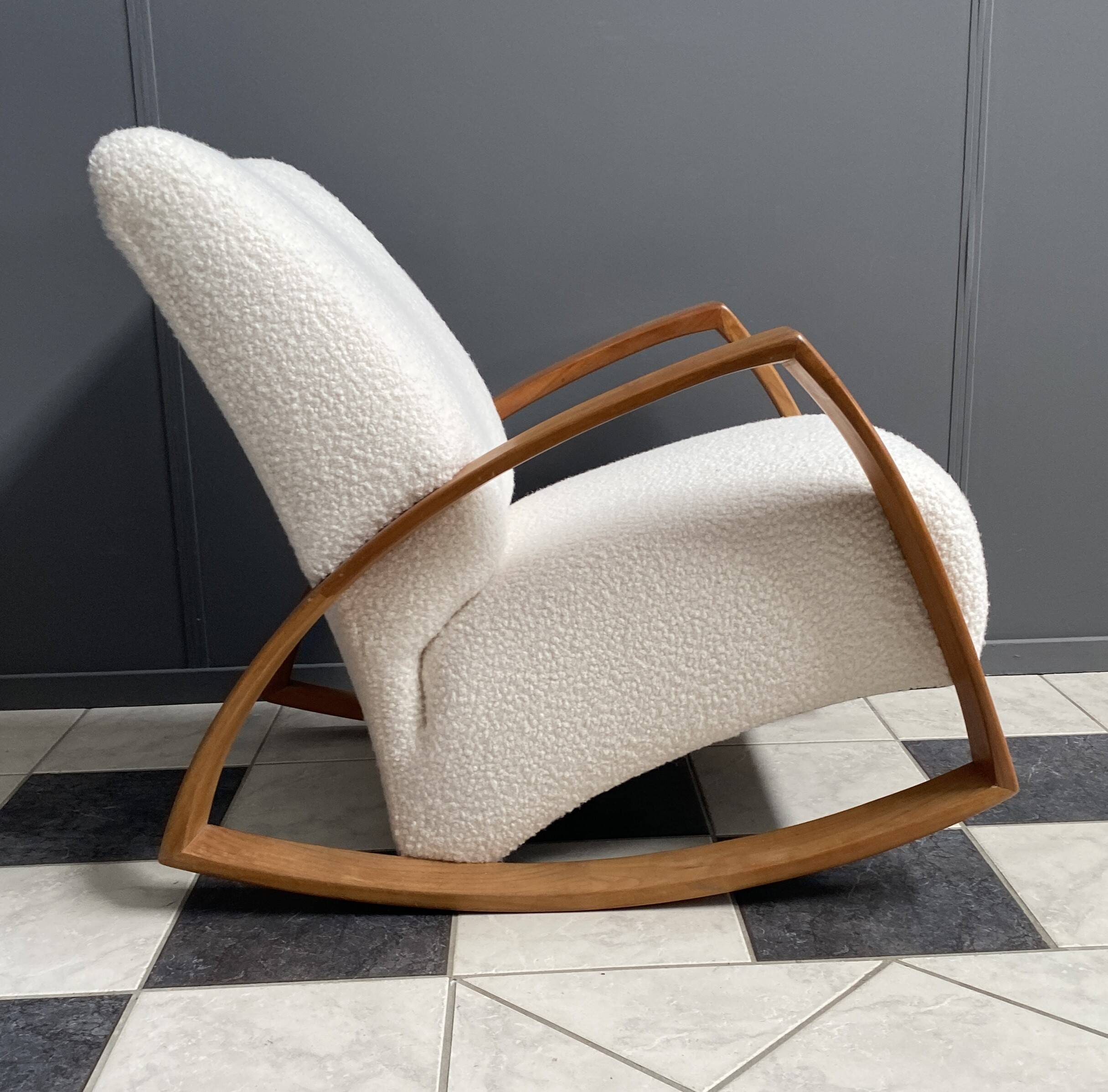 Large white boucle fabric rocking chair