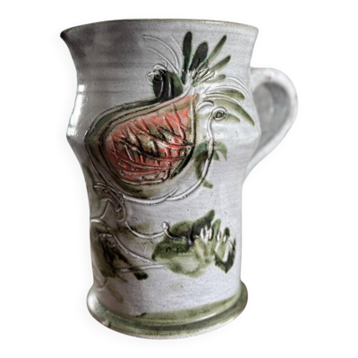 Grand vase en céramique vintage signé Thiry Albert   Décor floral en r