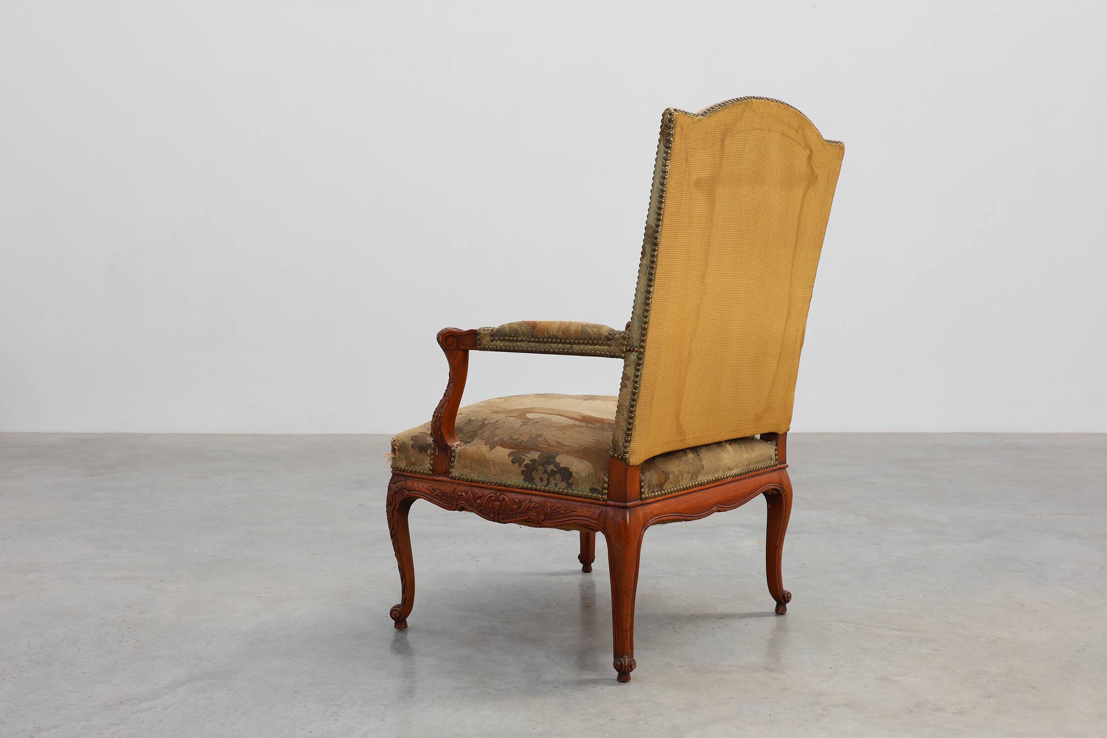 Carved Walnut Armchair with Cabriole Legs and Tapestry Upholstery, France