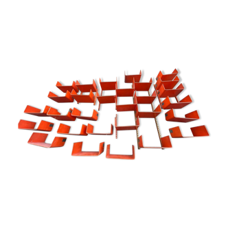 Large modular bookcase shelf in orange thermoformed wood circa 1970