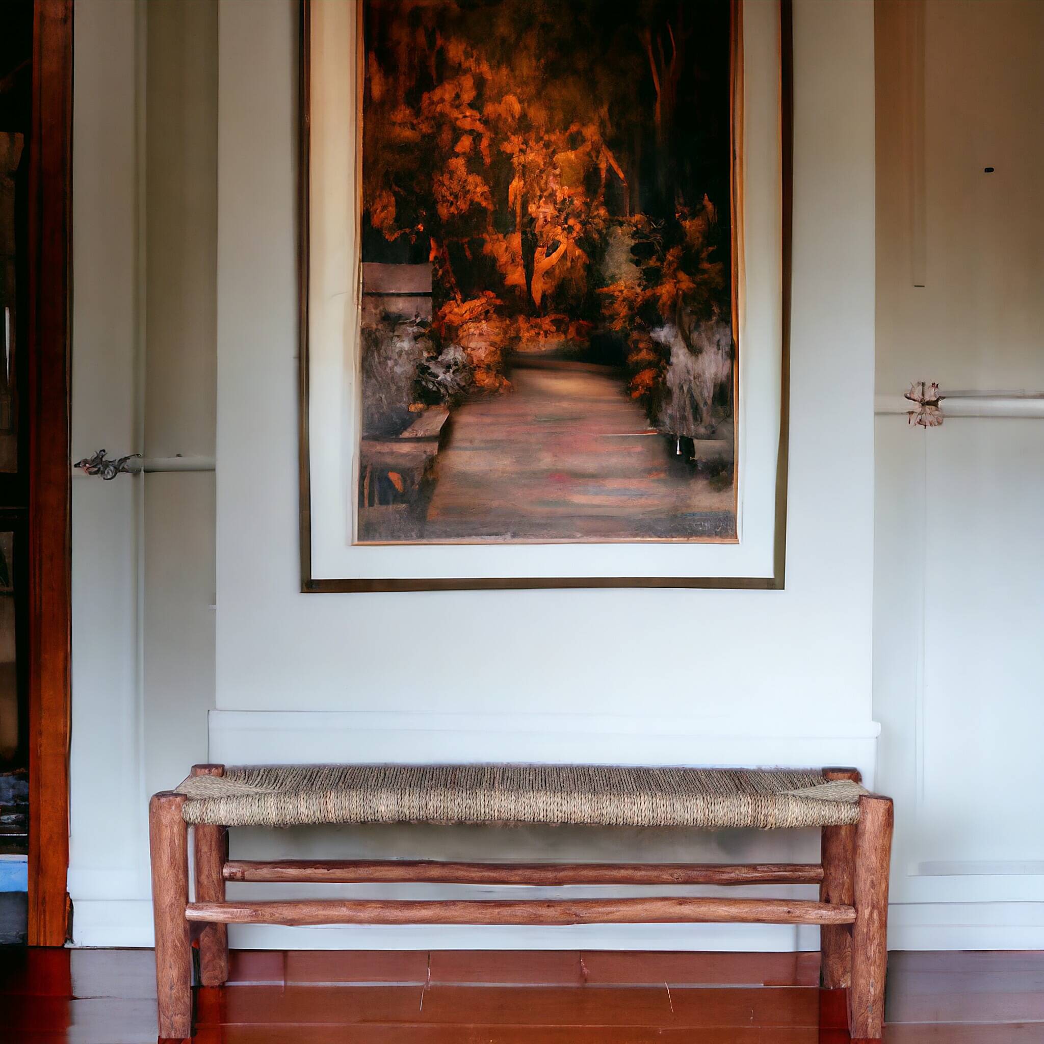 Wooden bench and woven rope