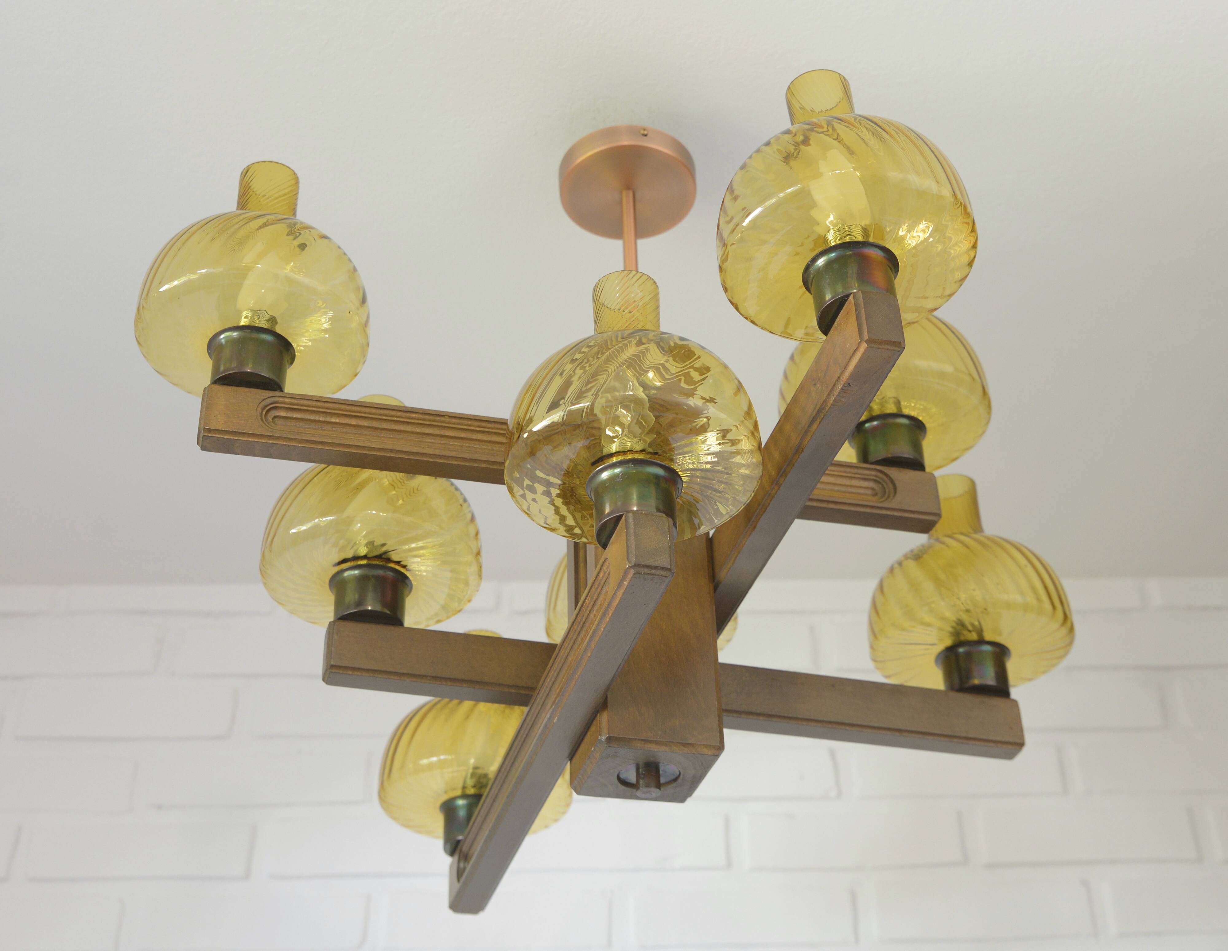 Large Vintage Rustic Wooden Chandelier Amber Glass shades Carved Wood 1980