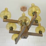 Large Vintage Rustic Wooden Chandelier Amber Glass shades Carved Wood 1980
