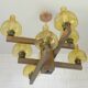 Large Vintage Rustic Wooden Chandelier Amber Glass shades Carved Wood 1980