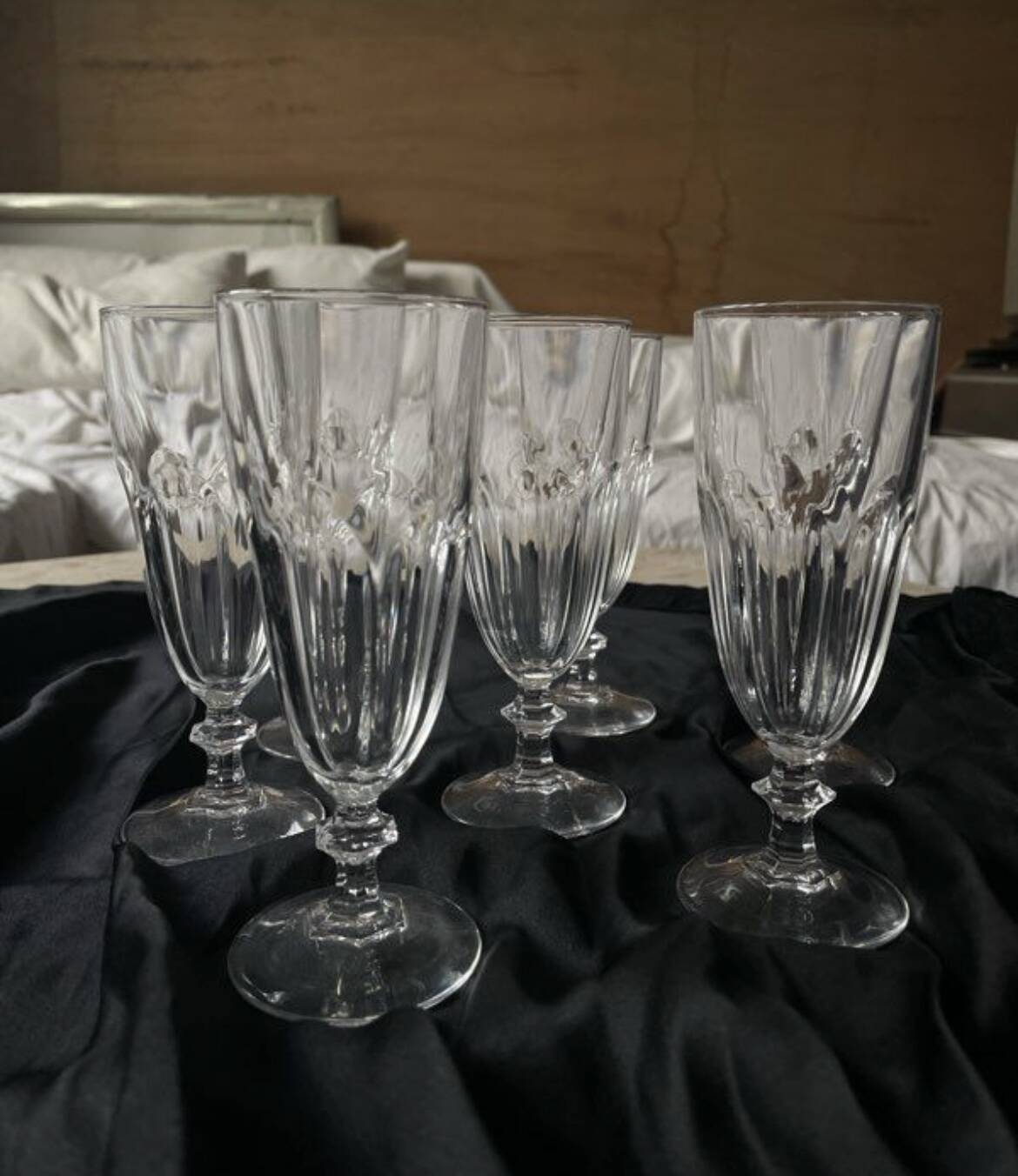 6 antique crystal champagne flutes and stemmed glasses