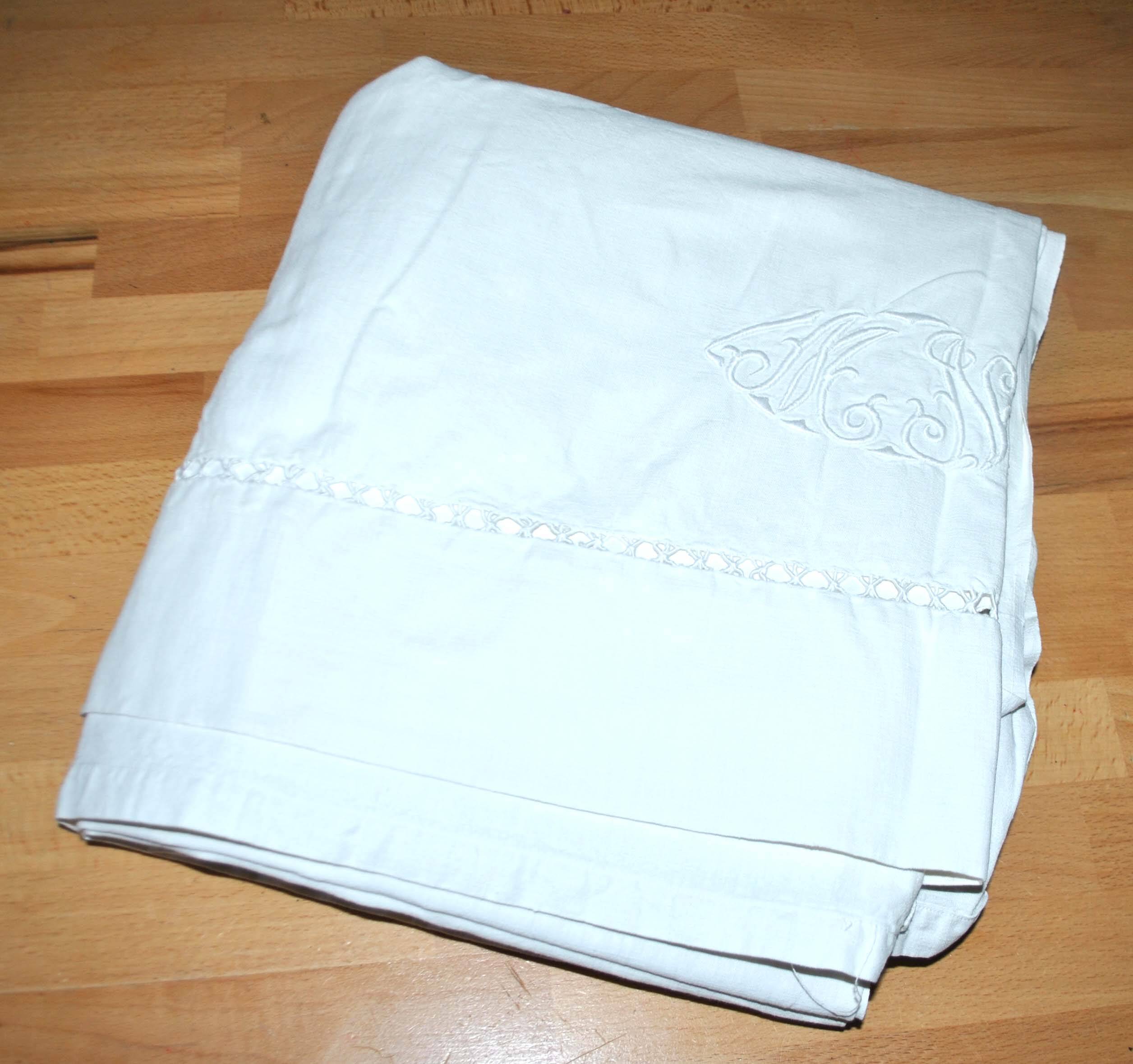 Old linen tablecloth with MN monogram and openwork 230x250cm *M7*