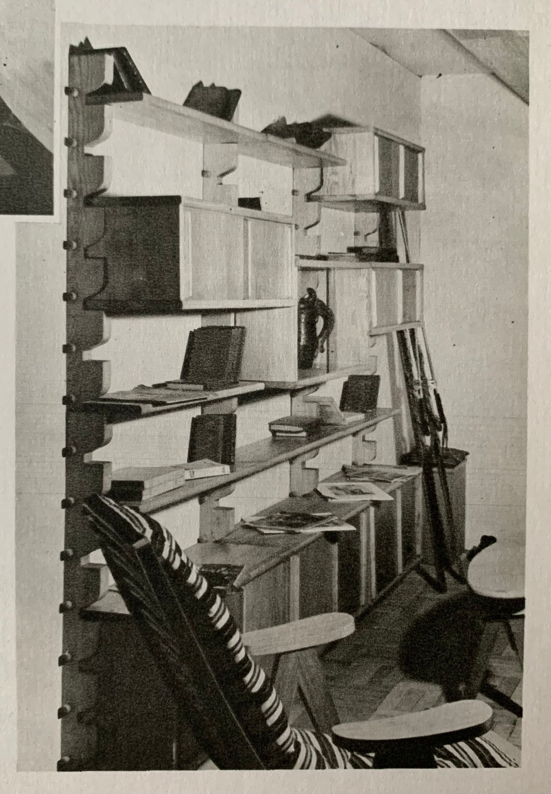 Wooden wall shelves with display case, 1950s