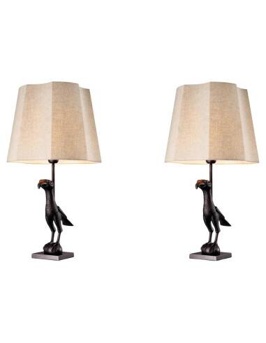 Pair of patinated bronze table lamps depicting a falcon