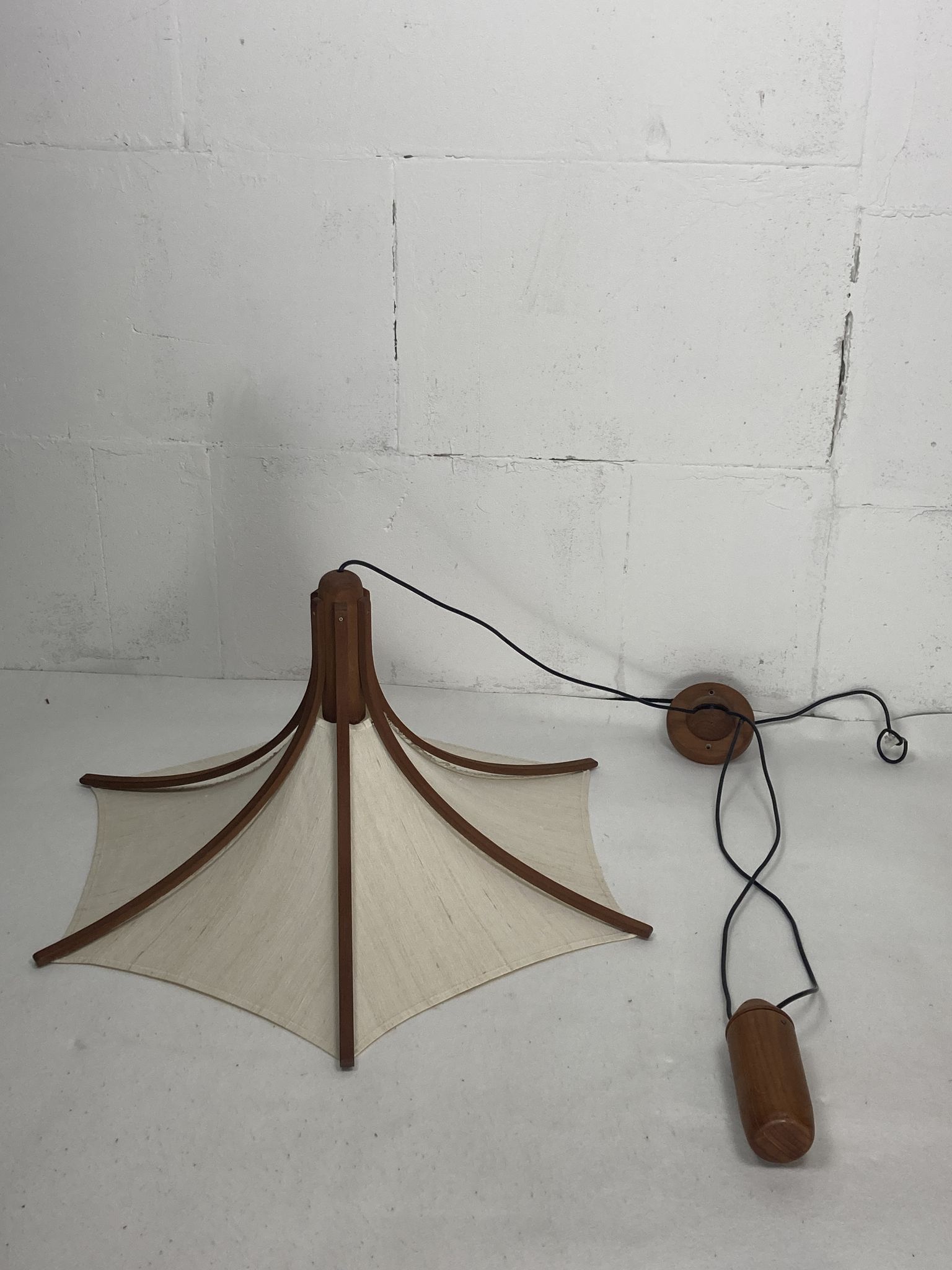 Teak and linen umbrella counter balance pendant by Domus, 1970s