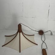 Teak and linen umbrella counter balance pendant by Domus, 1970s