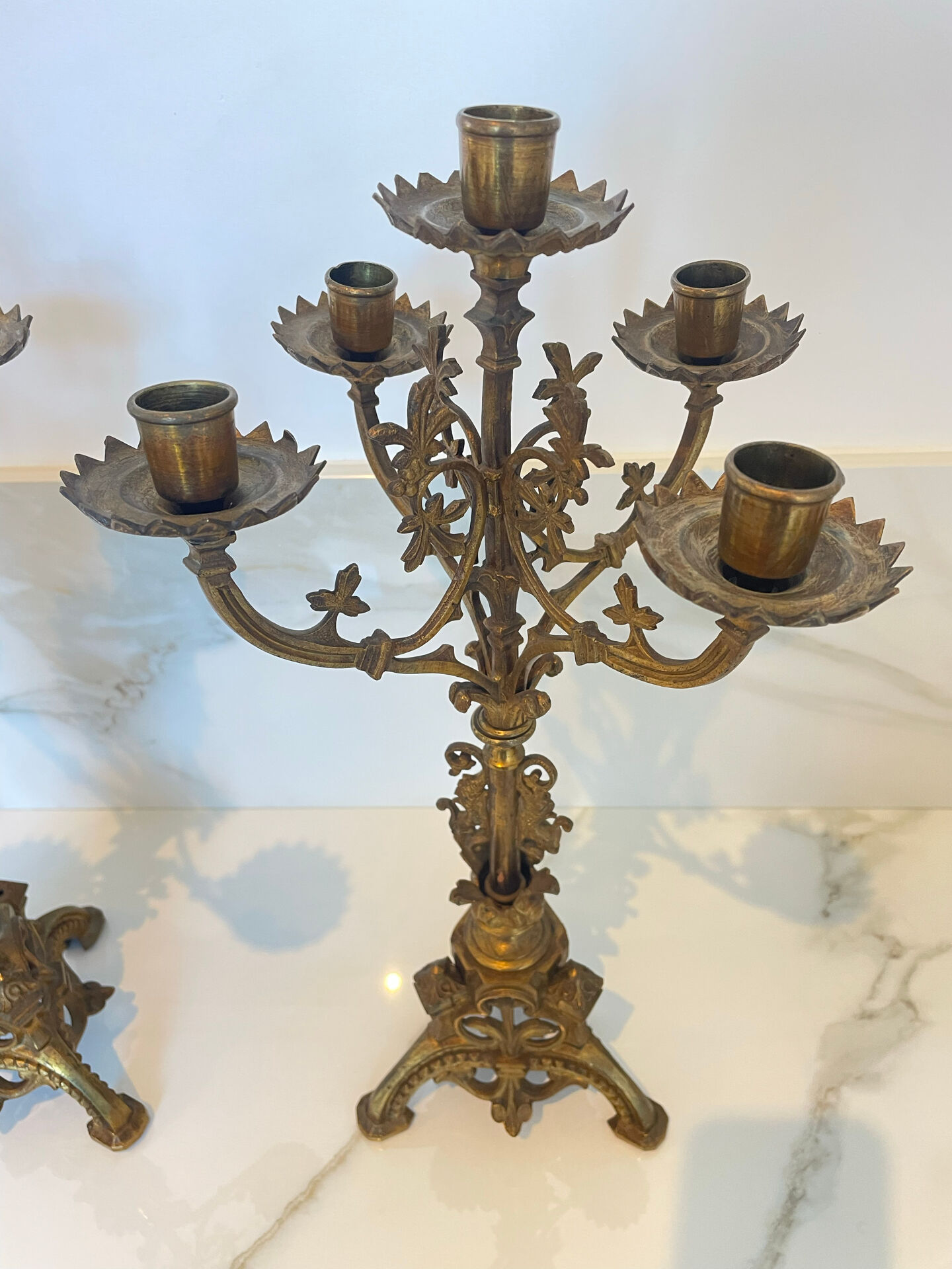 Pair of church candelabra - 19th century - in bronze and brass, 5 lights / c