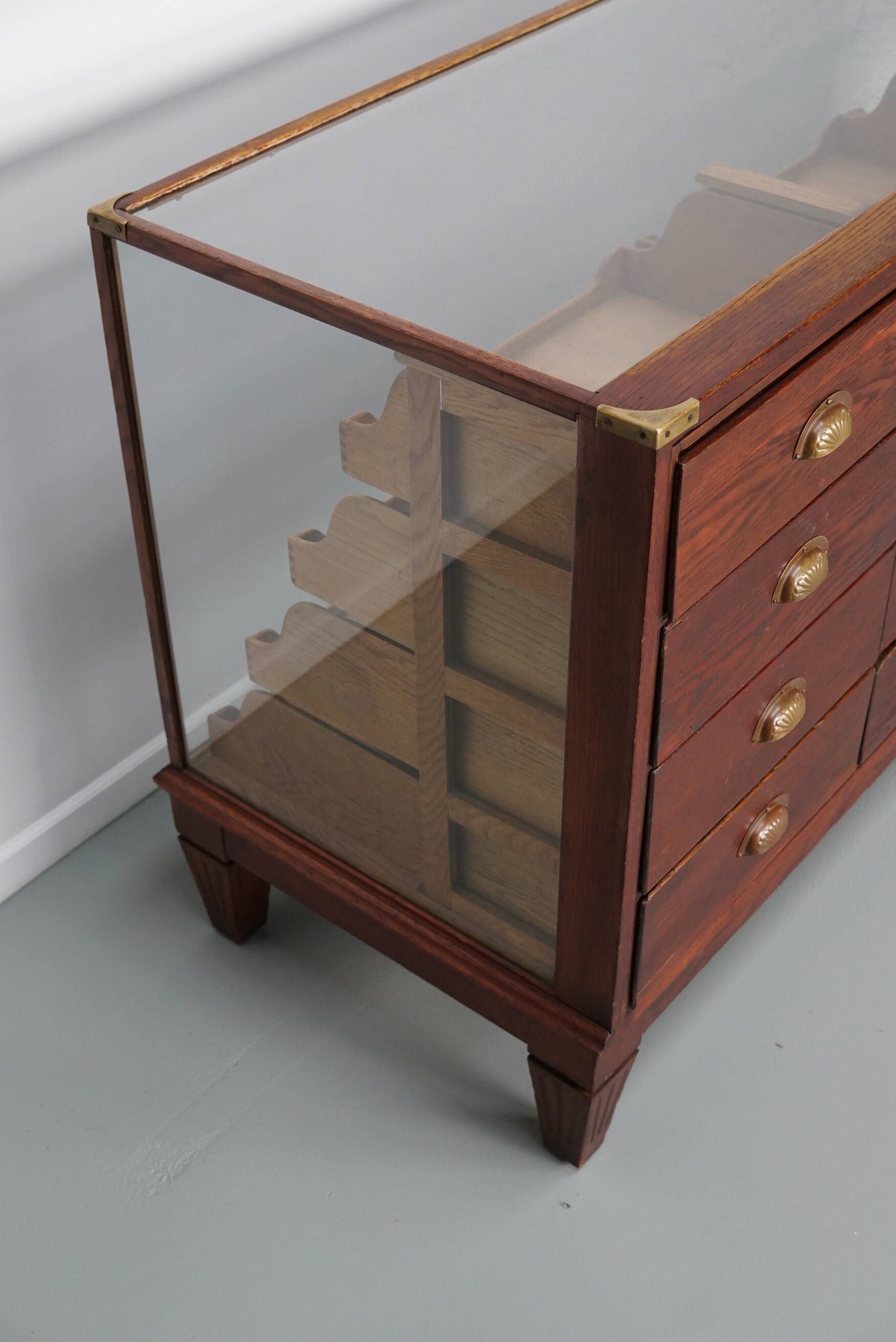 Antique English oak and glass counter/display cabinet, circa 1920-1930