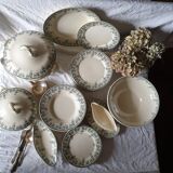 33 pc antique green white transferware dinner service c1900 U&C Sarreguemines France, 10 places